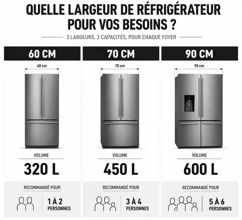 Comparatif des capacités de réfrigérateurs : 60 cm, 70 cm et 90 cm pour choisir le meilleur réfrigérateur 70 cm largeur