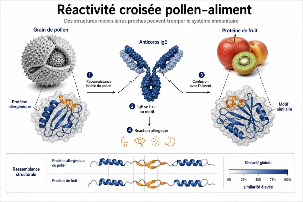 Schéma explicatif du mécanisme de réactivité croisée responsable des symptômes d'une allergie dans la bouche