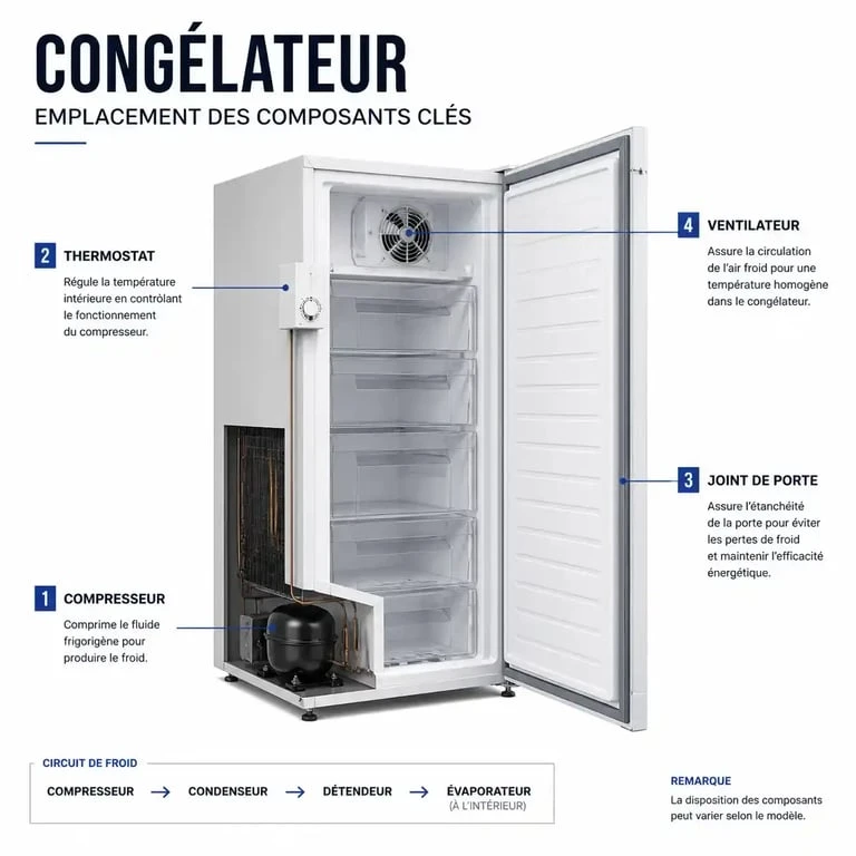 Schéma des composants d'un congélateur pour diagnostic de panne et réparation congélateur