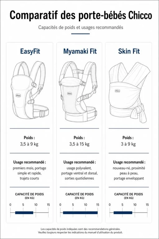 Tableau comparatif des porte-bébés Chicco EasyFit, Myamaki Fit et Skin Fit pour choisir le modèle adapté.