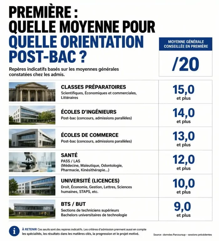 Infographie des seuils de moyenne en 1ère pour l'orientation post-bac