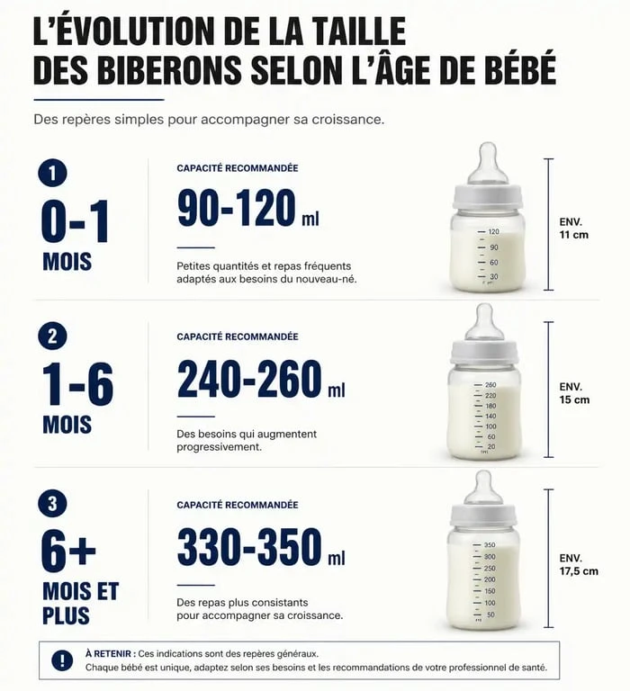 Infographie montrant l'évolution de la taille des biberons et la contenance recommandée selon l'âge de bébé pour savoir combien de biberons acheter.