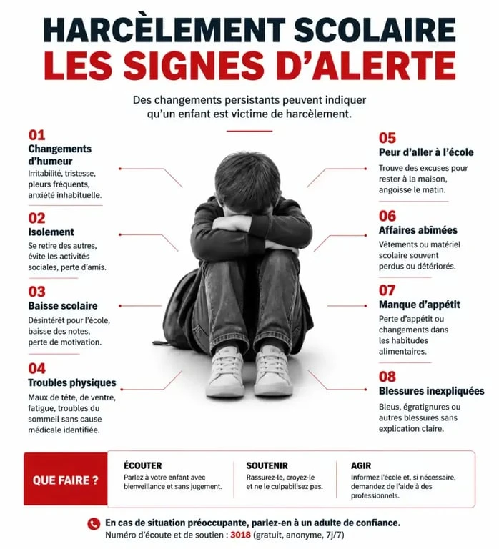 Infographie sur les signes d'alerte et la détection du harcèlement scolaire pour les parents et enseignants