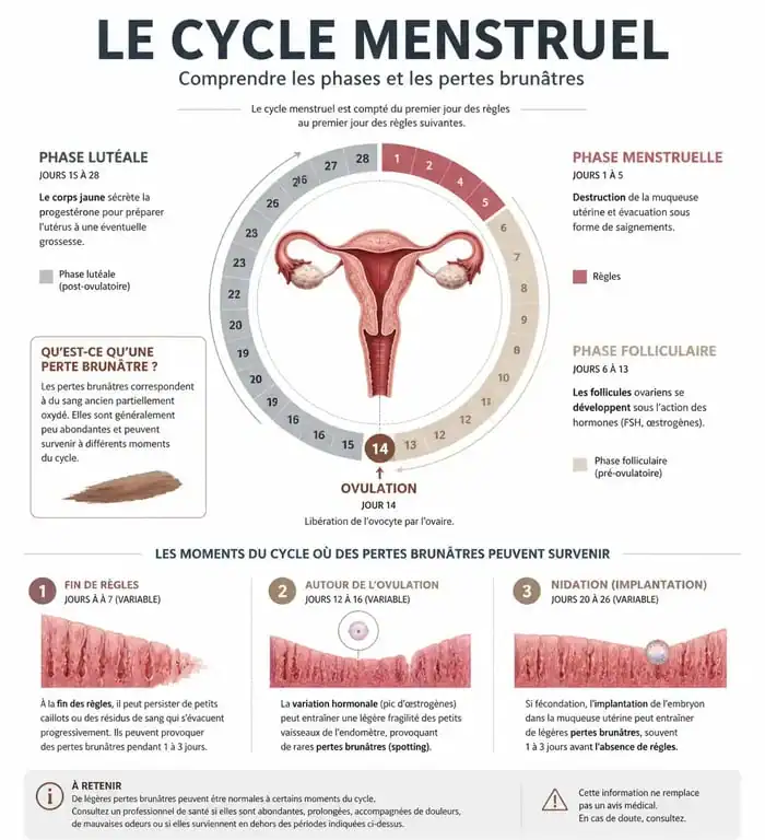 Infographie explicative sur les causes des pertes brunâtres selon le cycle menstruel