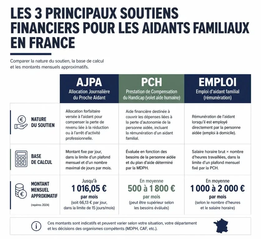 Infographie comparative des aides financières pour aidant familial : AJPA, PCH et salariat