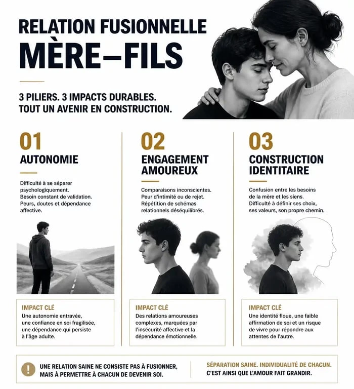 Infographie des conséquences psychologiques d'une relation fusionnelle mère-fils sur l'autonomie et l'identité