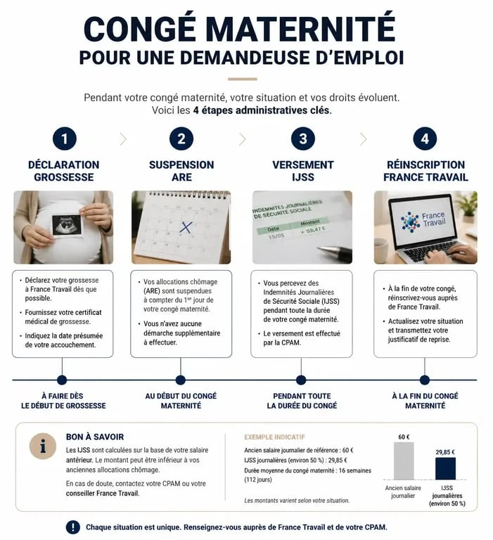 Schéma des démarches administratives pour le congé maternité et le chômage