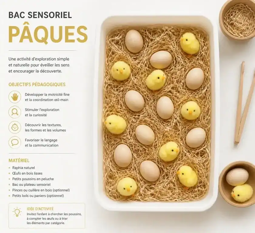 Activité de Pâques en crèche avec un bac sensoriel pour l'éveil des tout-petits