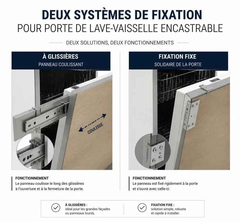 Installation porte lave vaisselle encastrable : comparaison entre système à glissières et système fixe