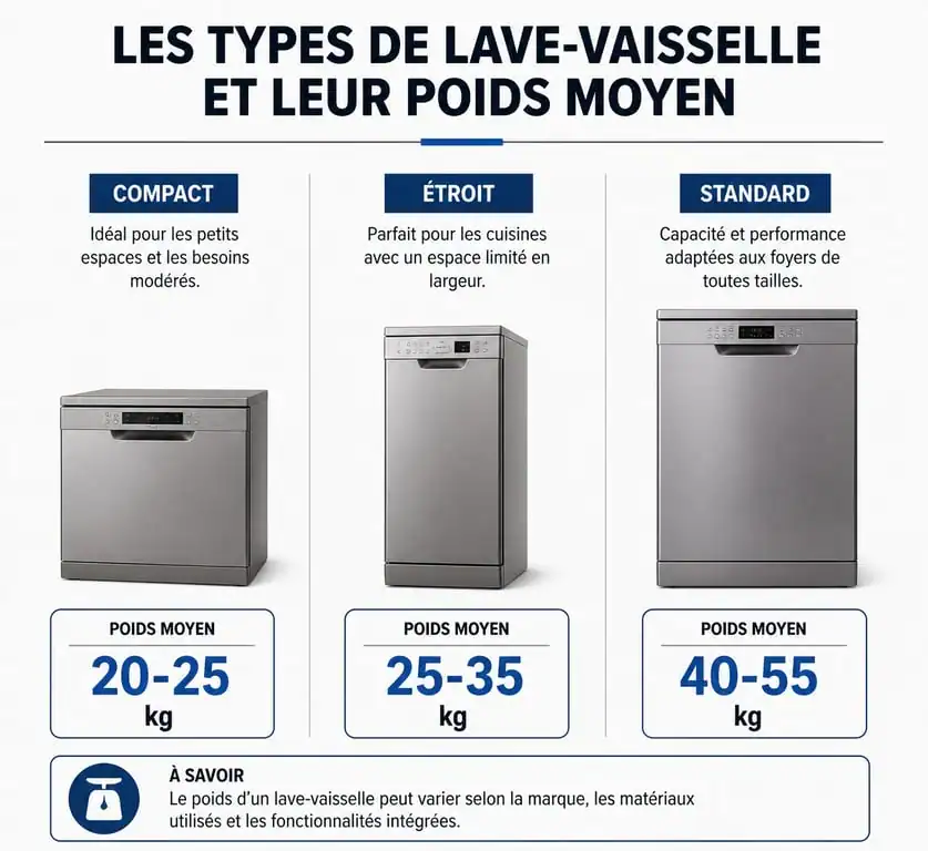 Infographie comparative du poids moyen d'un lave-vaisselle selon le type : compact, étroit ou standard.