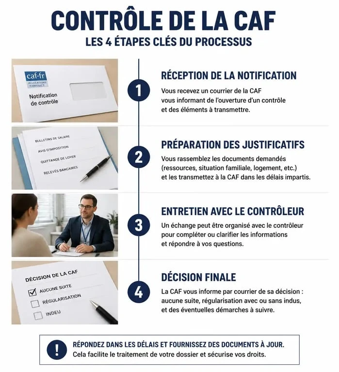 Étapes d'un contrôle CAF : infographie explicative pour les allocataires