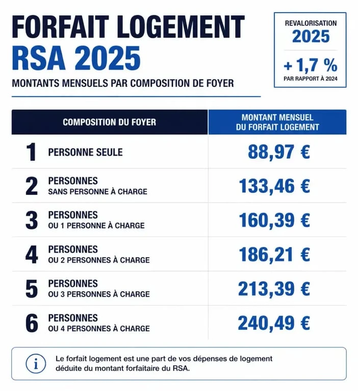 Infographie des montants du forfait logement RSA 2025 selon la composition du foyer