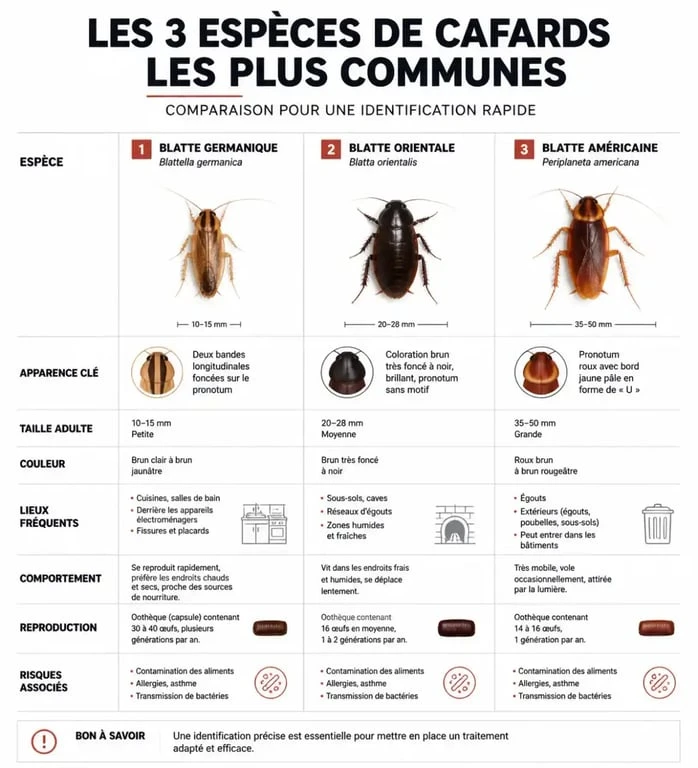 Infographie comparative des espèces de cafards : Blatte Germanique, Orientale et Américaine pour identifier une infestation dans la maison.