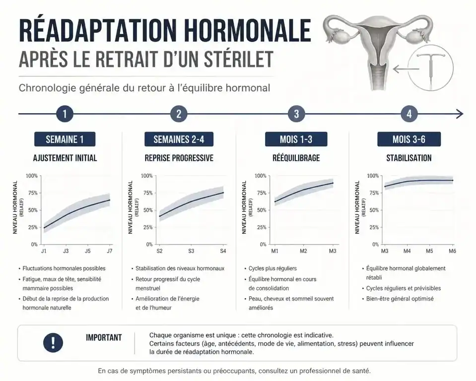 Chronologie des symptômes après retrait stérilet Mirena : étapes de la réadaptation hormonale