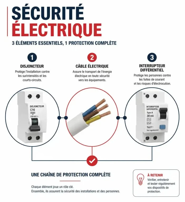 Infographie des composants de sécurité pour le branchement d'une plaque induction : disjoncteur 32A, câble 6mm2 et différentiel type A