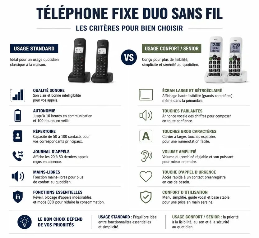 Infographie comparative des critères de choix pour un téléphone fixe duo sans fil entre usage standard et usage senior