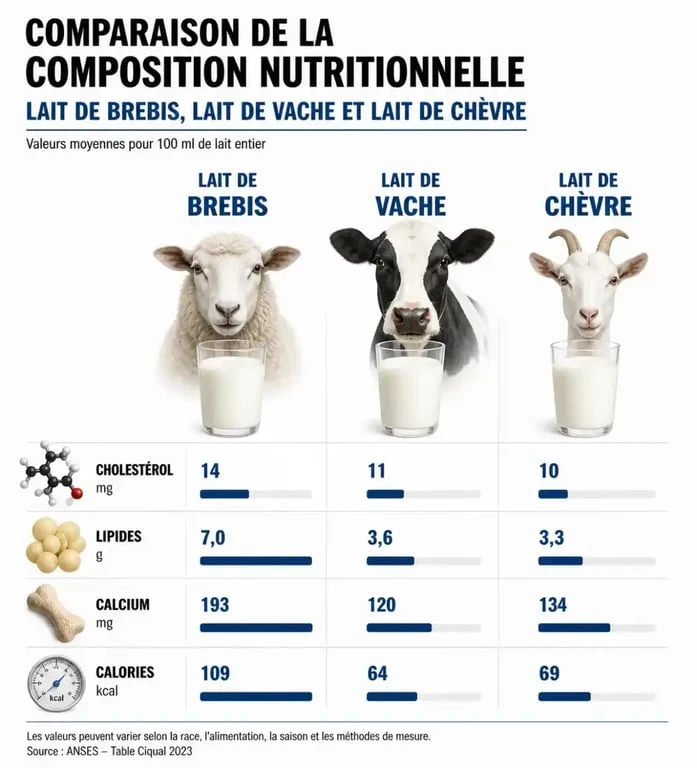 Comparatif nutritionnel : lait de brebis, lait de vache et lait de chèvre face au cholestérol et aux apports nutritionnels.