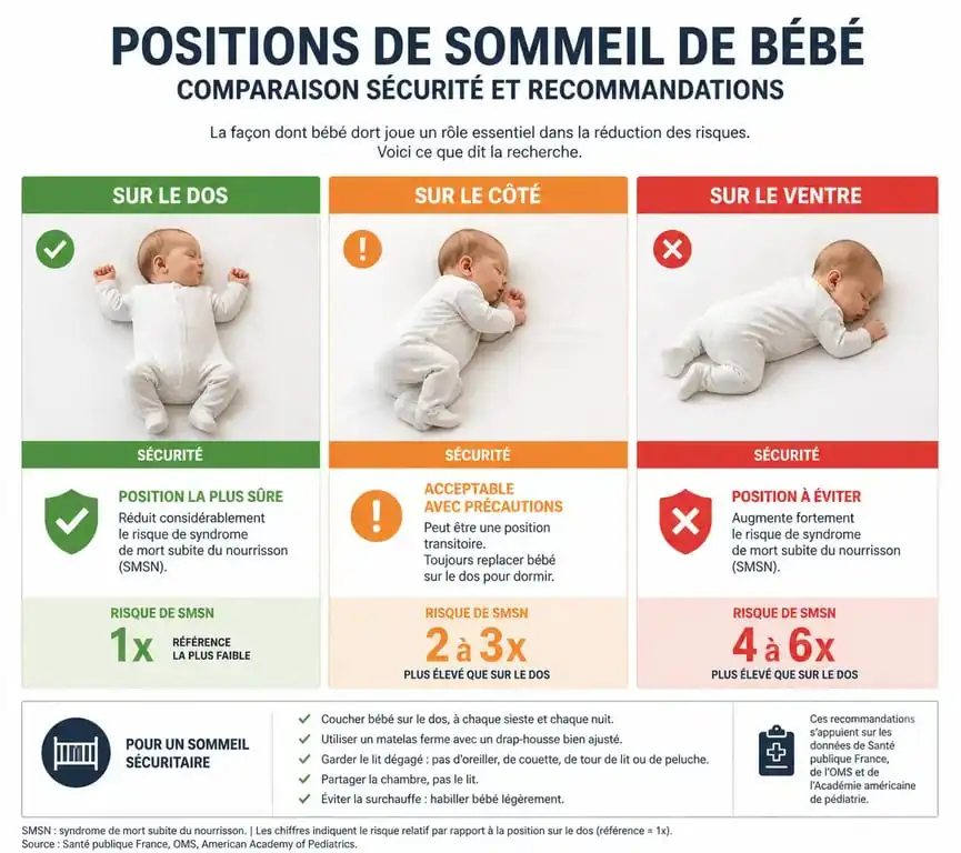 Infographie comparative des positions de sommeil de bébé pour la sécurité et la prévention de la mort subite du nourrisson