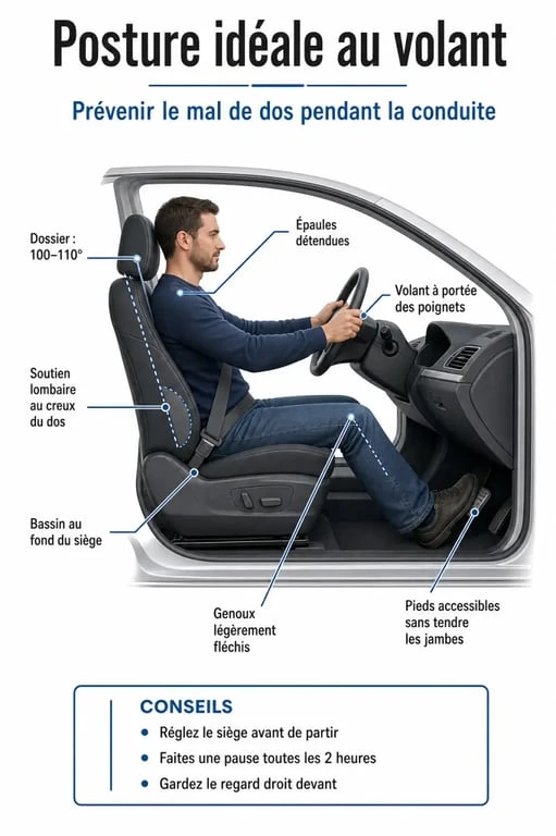 Infographie illustrant la posture idéale au volant pour éviter le mal de dos et voiture