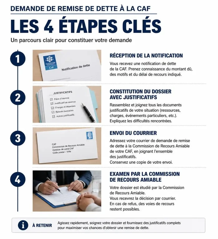 Schéma des étapes pour effectuer une demande de remise de dette CAF formulaire