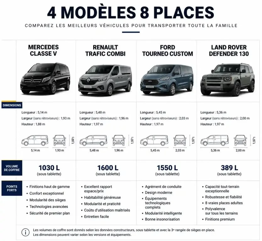 Comparatif des meilleures voitures 8 places : Mercedes, Renault, Ford et Land Rover