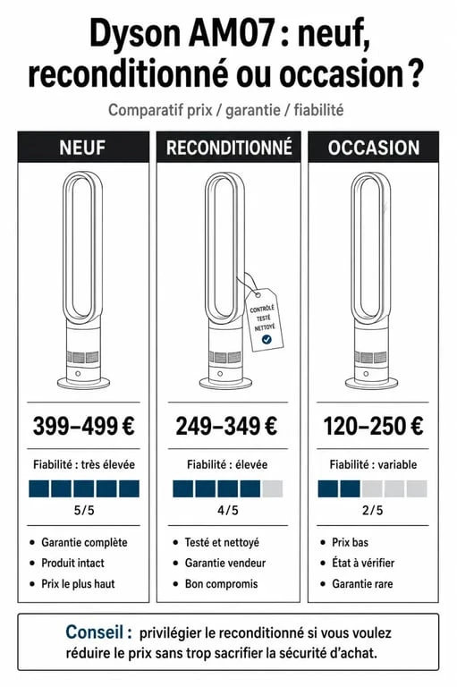Comparatif des prix et fiabilité pour l'achat d'un ventilateur Dyson AM07 neuf, reconditionné ou d'occasion