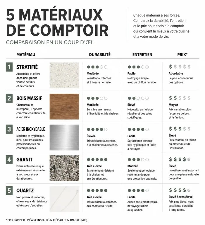Tableau comparatif des matériaux pour un plan de travail 80 cm de profondeur : stratifié, bois massif, inox, granit et quartz.