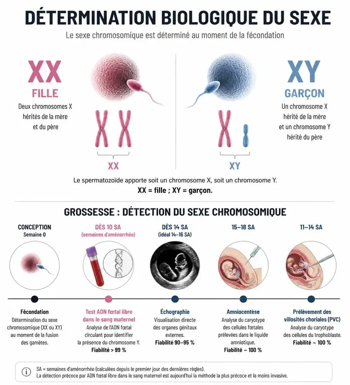 Schéma explicatif de la détermination biologique du sexe du bébé et calendrier de détection