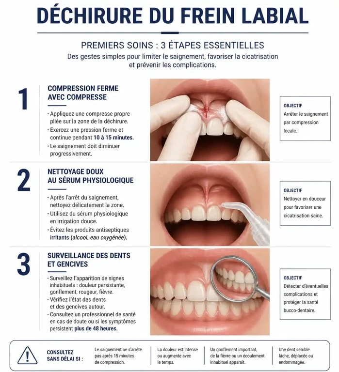 Infographie des gestes de premiers secours en cas de frein labial déchiré chez l'enfant
