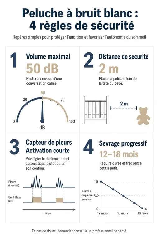 Infographie des règles de sécurité pédiatrique pour l'utilisation d'une peluche à bruit blanc pour bébé