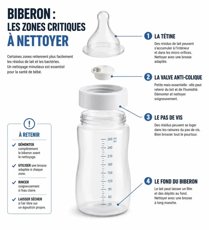 Schéma des zones critiques d'un biberon à nettoyer pour éviter les conséquences d'un biberon mal lavé