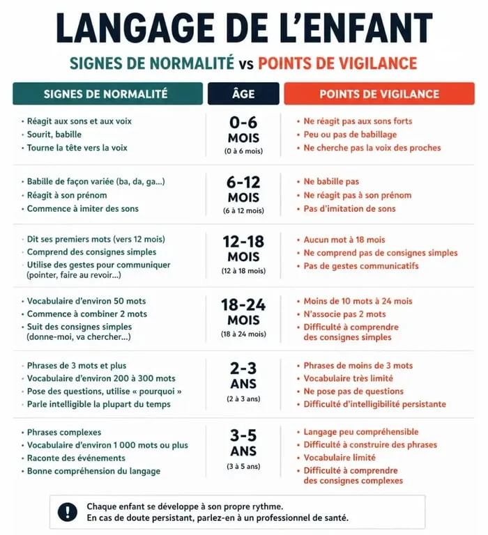 Infographie sur les signes de normalité et points de vigilance pour un enfant qui parle tout le temps