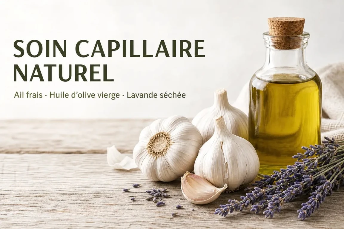 Ingrédients pour une recette marocaine naturelle contre les poux : ail, huile d'olive et lavande