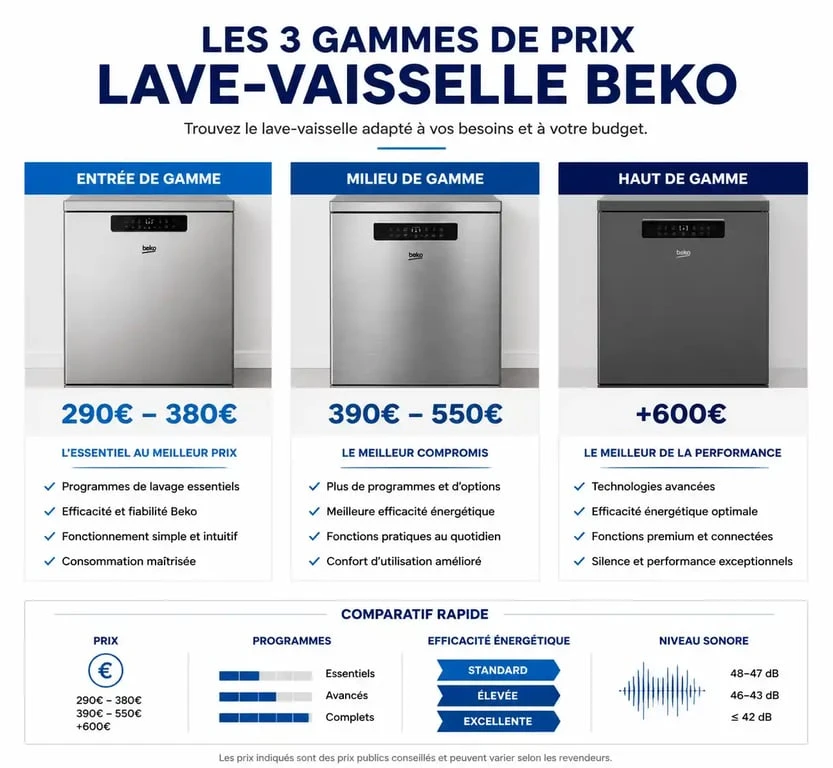 Récapitulatif des gammes de prix des lave-vaisselle Beko pour comparer les modèles