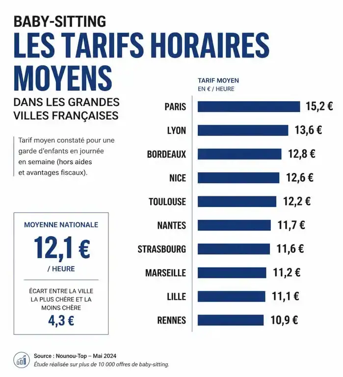 Infographie des tarifs horaires moyens du baby-sitting par ville en France pour estimer combien payer sa babysitter.