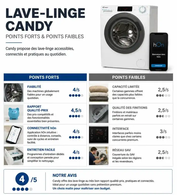 Infographie récapitulative des avis et performances des lave-linge Candy : fiabilité et rapport qualité-prix