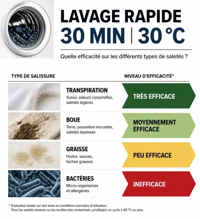 Infographie sur l'efficacité du programme de lavage rapide 30 minutes à 30 degrés selon le type de saleté