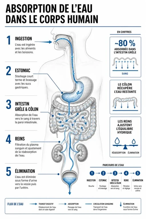 Infographie sur le temps de digestion de l'eau et le processus d'hydratation dans le corps humain