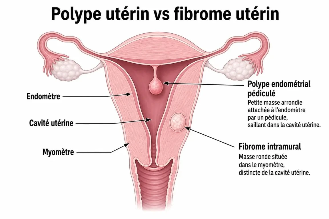 Schéma comparatif entre un polype utérin et un fibrome utérin pour comprendre les différences de localisation et de structure.