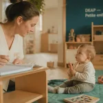Pourquoi devenir auxiliaire de puériculture : auxiliaire aide un bébé en crèche