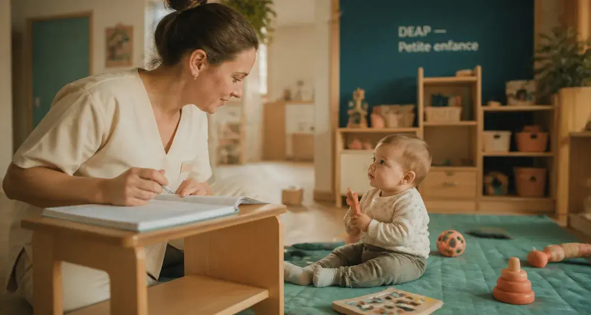 Pourquoi devenir auxiliaire de puériculture : auxiliaire aide un bébé en crèche