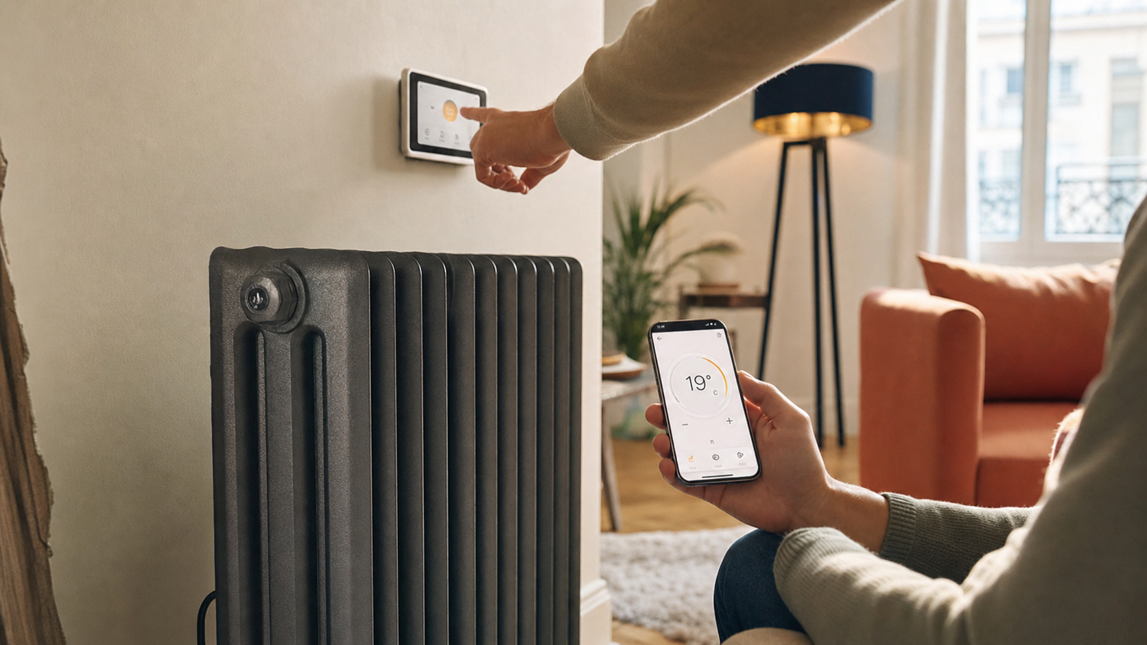 Radiateur connecté Thermor ajusté via app, température 19°C