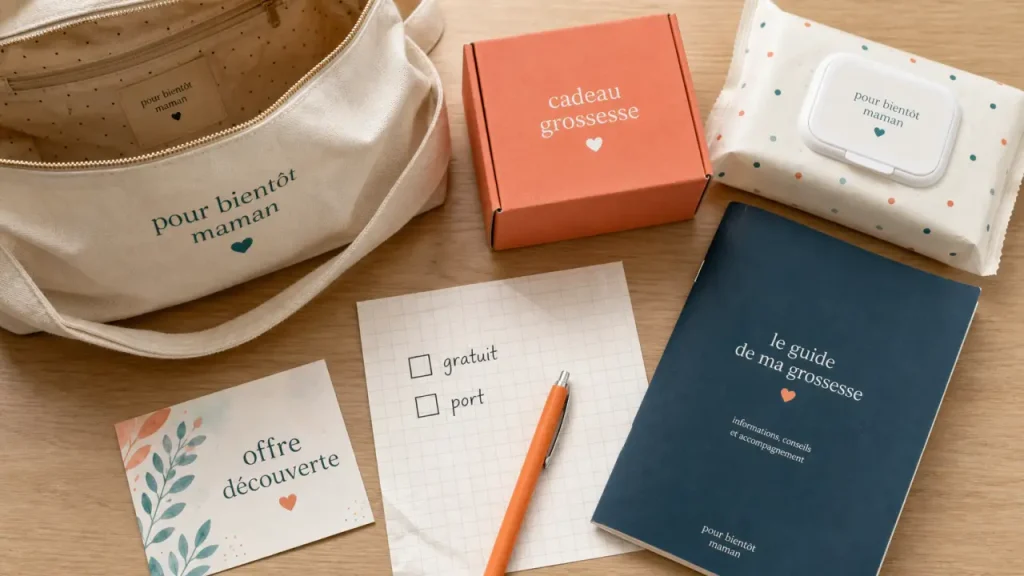 Cadeau gratuit grossesse : coffret cadeau et offre découverte sur table