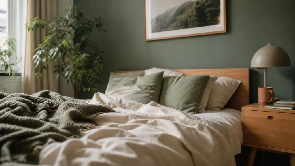 Chambre vert sauge et bois : murs et textiles pour garder la lumière