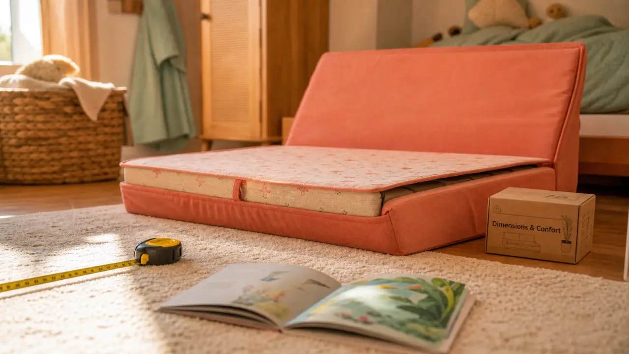 Chauffeuse enfant 2 places pliée en couchage d’appoint, matelas visible