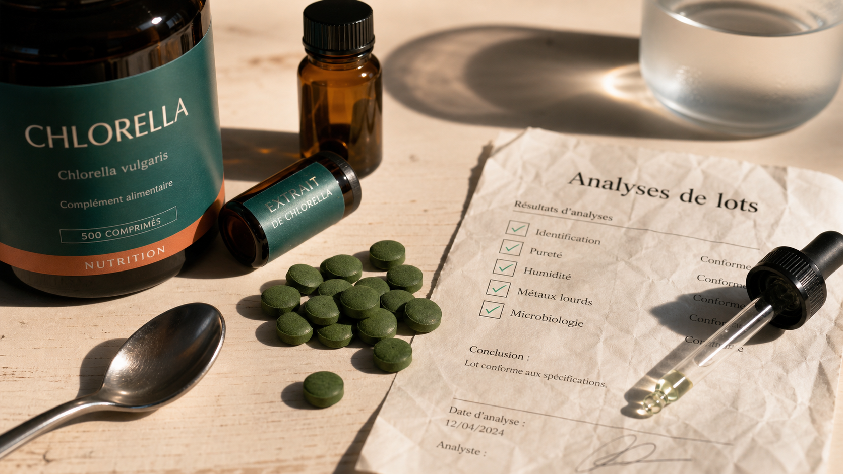Chlorella danger pour le foie : flacons, comprimés et analyses de lots qualité