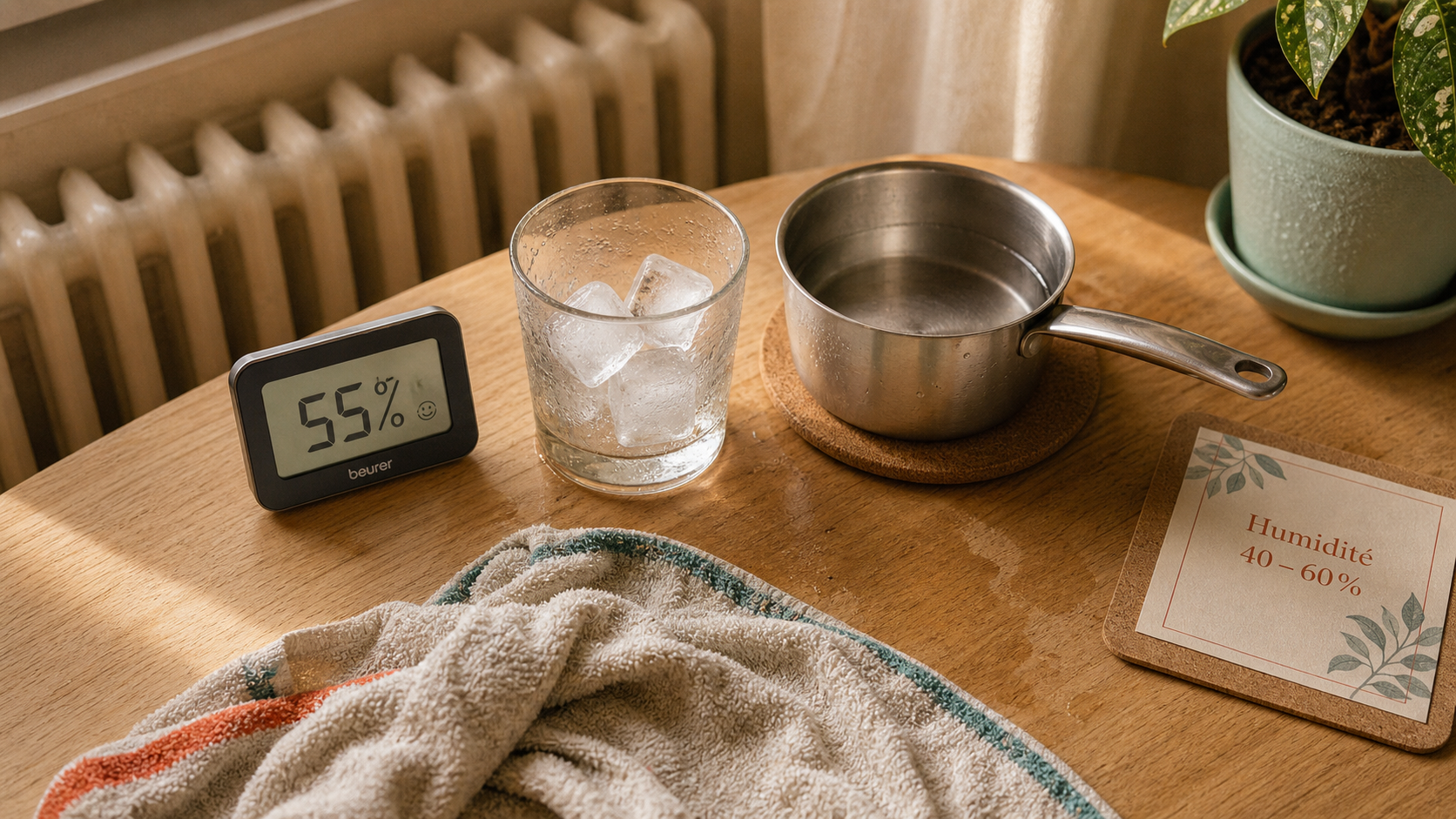 Comment humidifier une chambre : hygromètre 55% et eau pour humidifier l’air