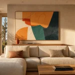 Decorer un grand mur salon : tableau XXL abstrait et console étroite, salon contemporain