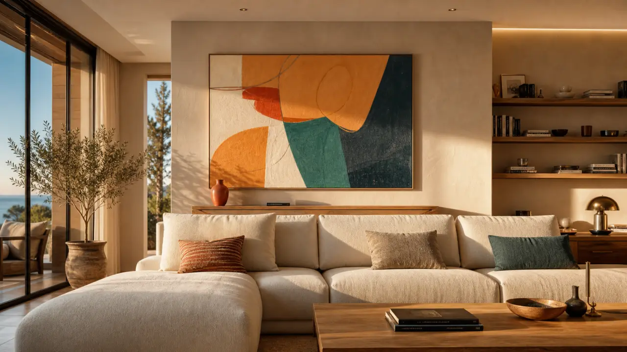 Decorer un grand mur salon : tableau XXL abstrait et console étroite, salon contemporain