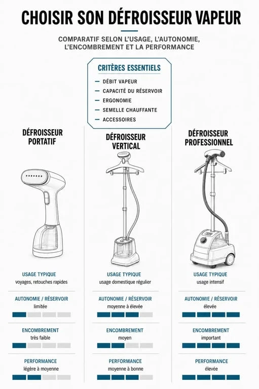 Quel defroisseur choisir : infographie comparative des défroisseurs vapeur portatif, vertical et professionnel